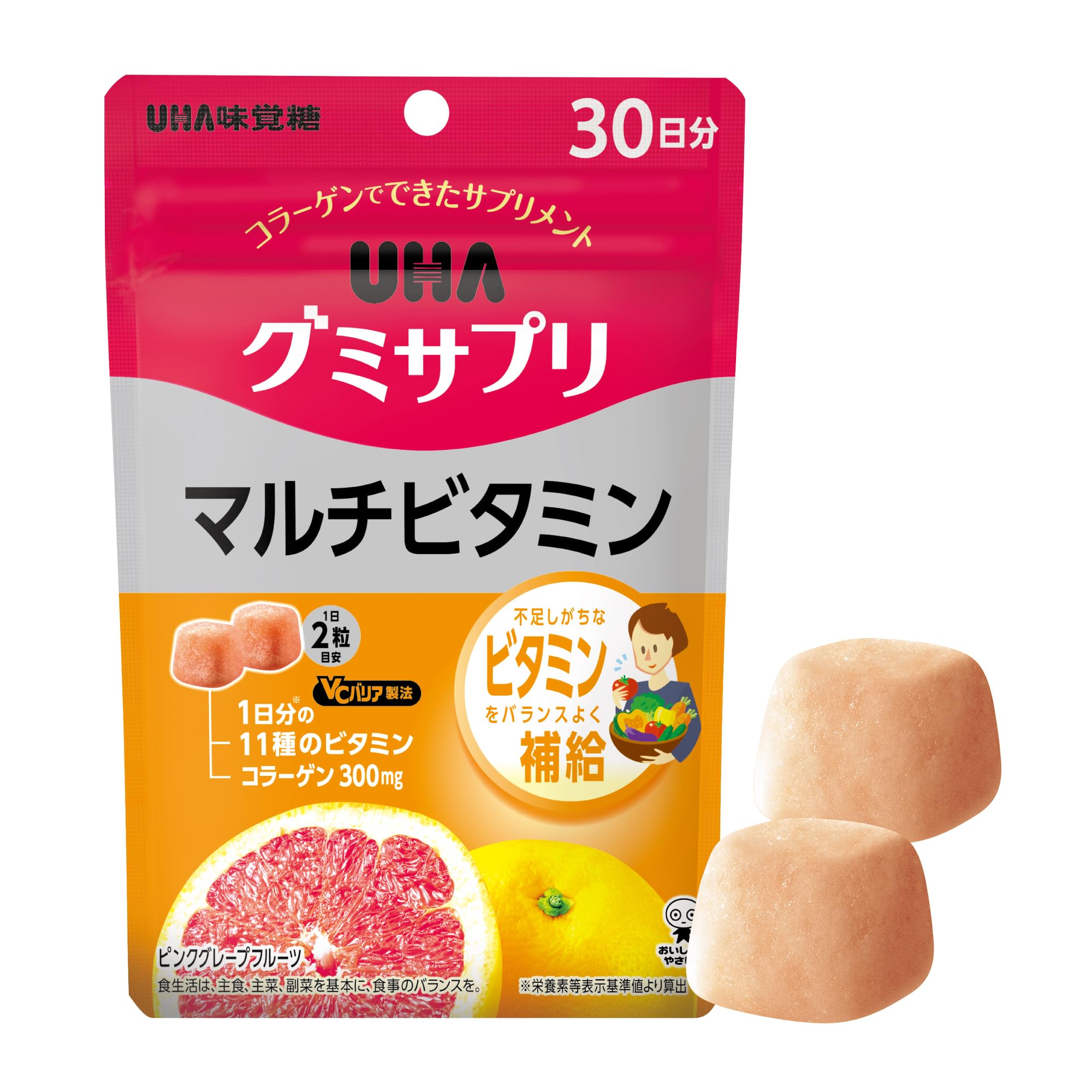 UHA Mikakuto UHA Gummy Supplement Multivitamin 30 days supply 60 tablets 2 tablets per day Pink grapefruit flavor 2 tablets contain 11 types of vitamins required per day
