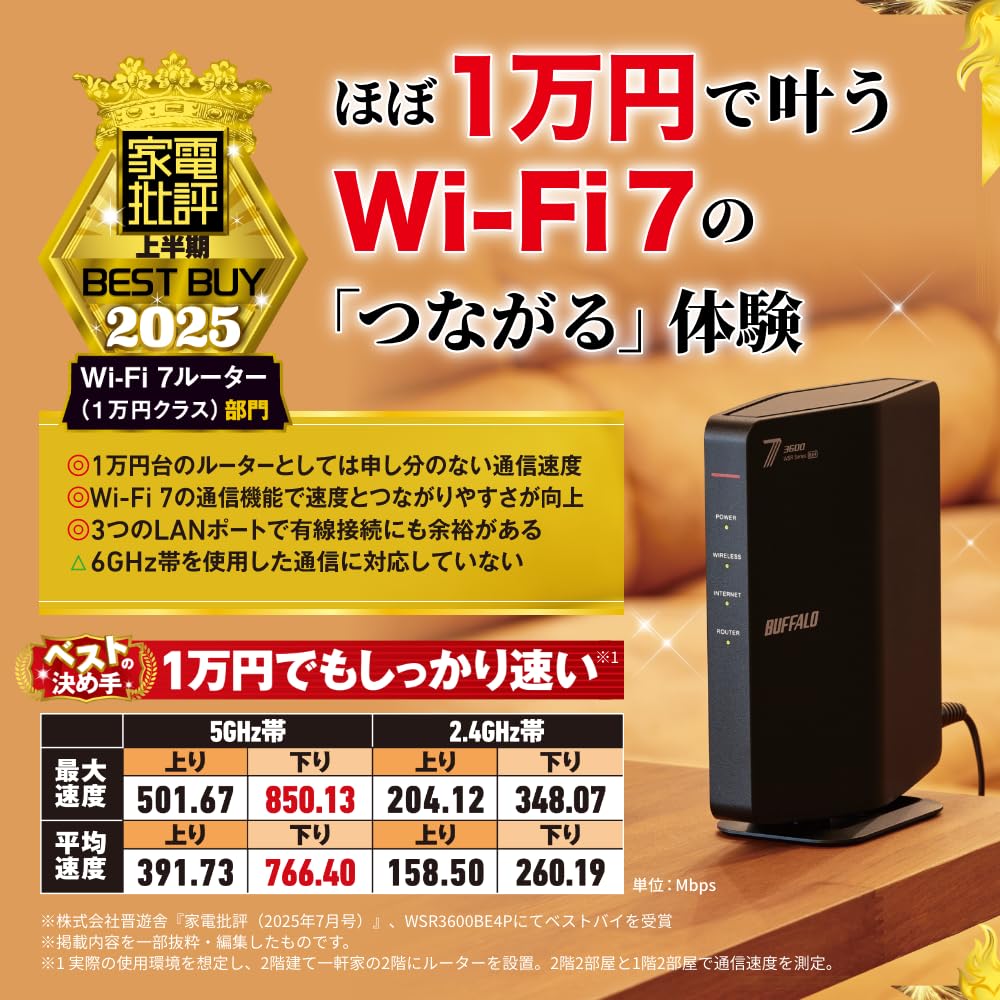 Buffalo WiFi Router Wireless LAN Wi-Fi 7 11be Dual Band 2882+688Mbps Eco Package [Operation confirmed for iPhone 17 / 17e / 17 pro] WSR3600BE4P/NBK
