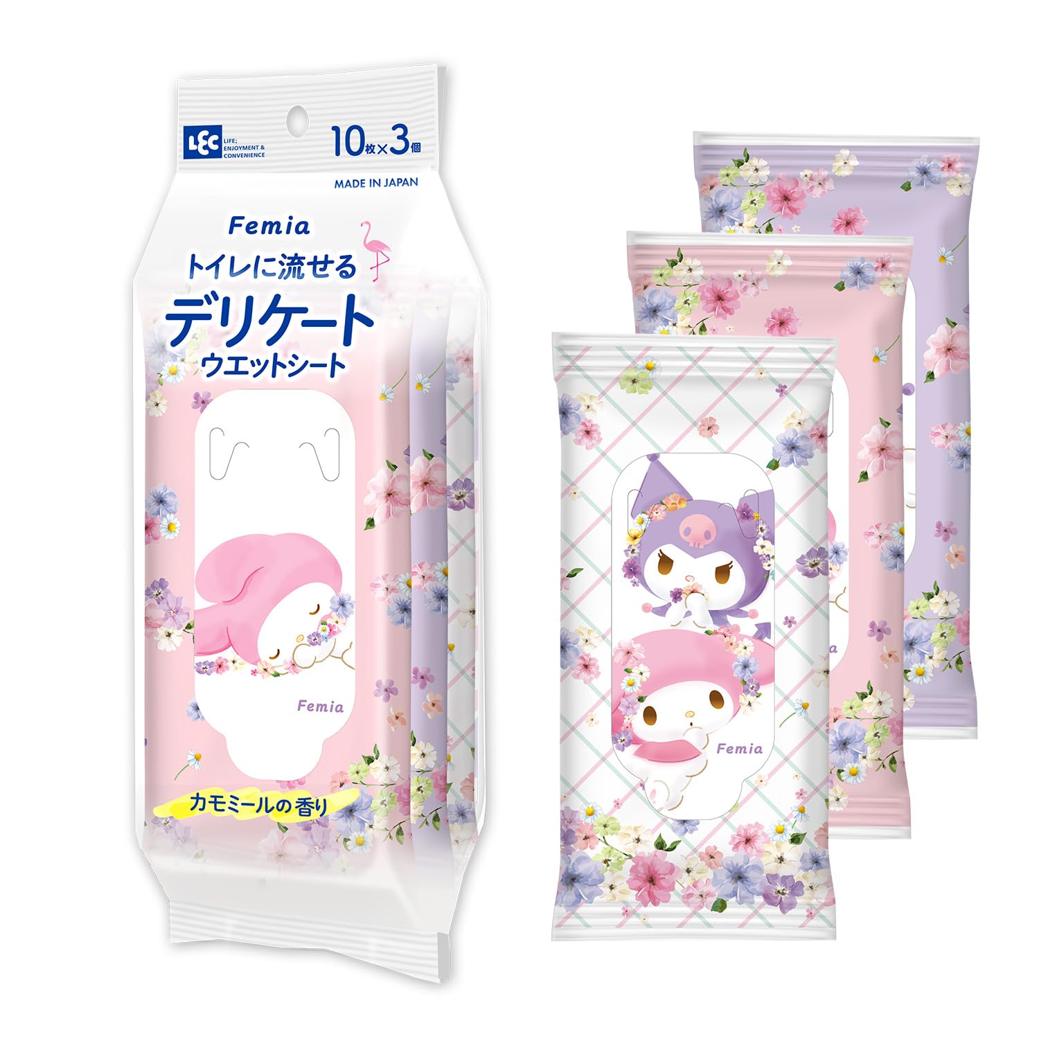 LEC Femia Delicate wet sheets that can be flushed down the toilet 10 pieces x 3 pieces (My Melo & Kuromi) Chamomile scent