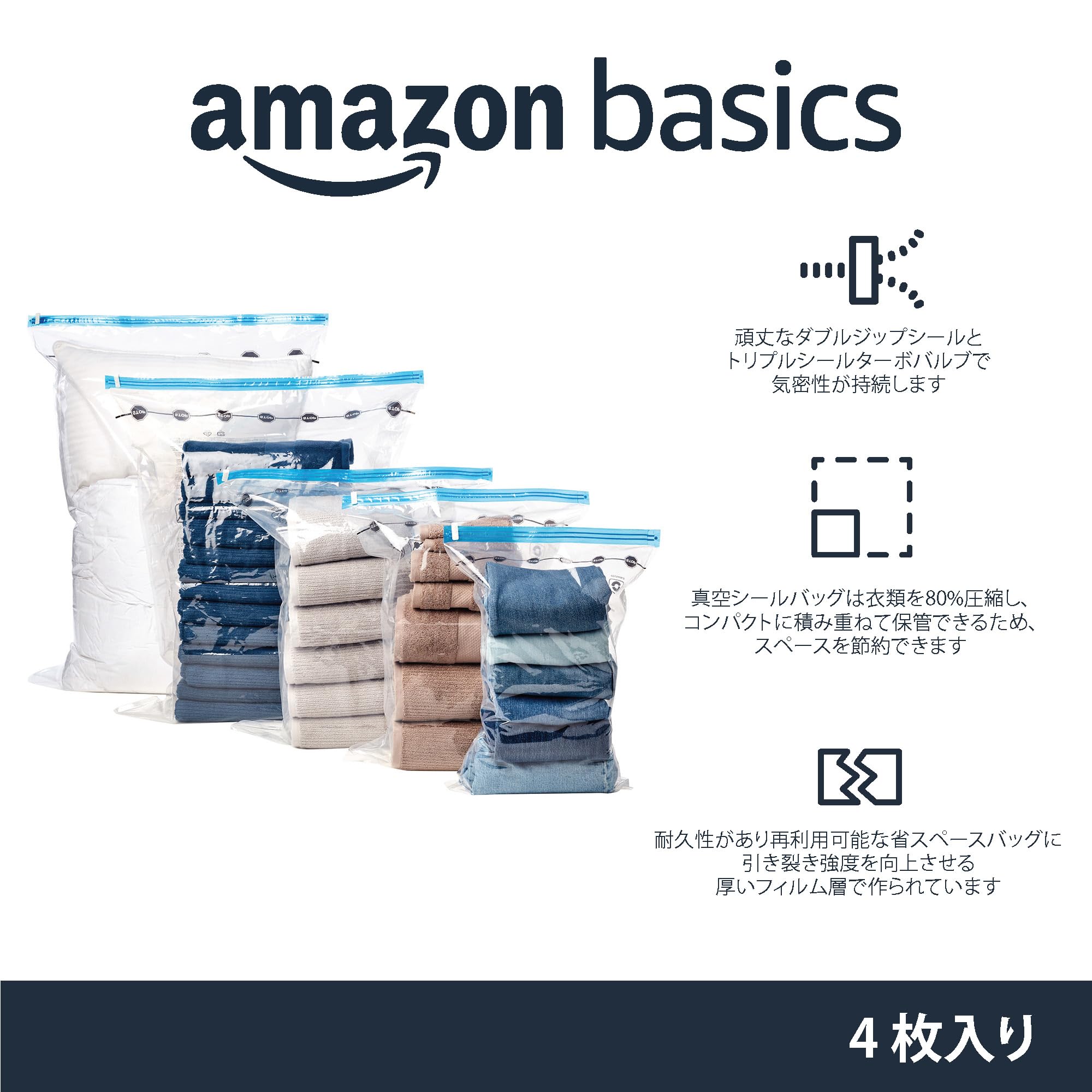 Basic Zipper Vacuum Compression Storage Bag with Manual Pump, Extra Large Size, Set of 4, Clear
