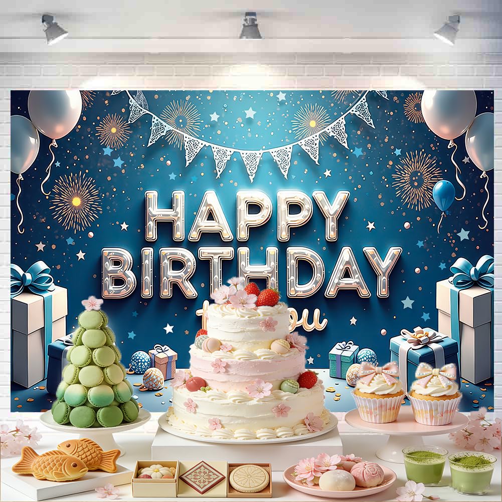3D 블루 & 화이트 생일 태피스트리 입체 블루 & 화이트 장식 태피스트리 세련된 벽걸이 사진 배경 Happy Birthday 파티 포토 포스터 촬영 배경막 180x120cm