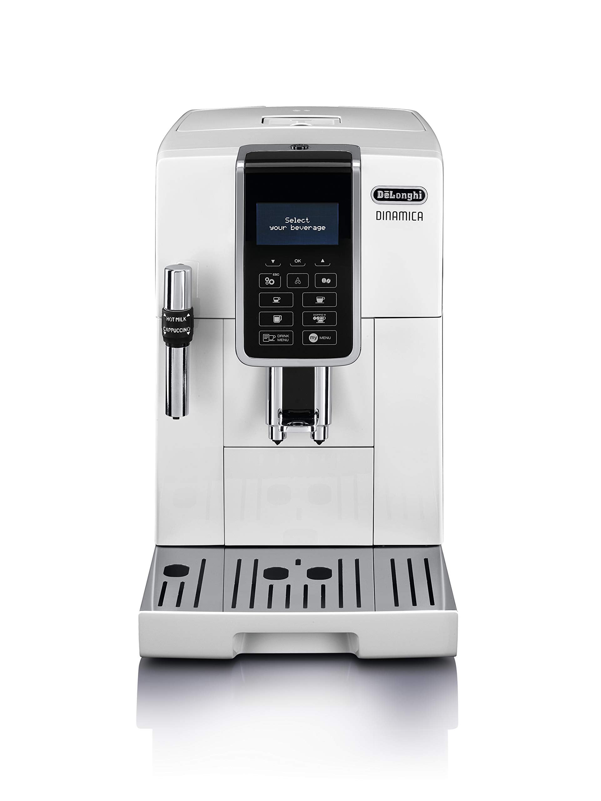 De'Longhi Fully Automatic Coffee Machine Dinamica ECAM35035W Coffee Maker Total 6 Menus Equipped with Cafe Japone Specialty Functions LCD Display Floss Adjustment Milk Flosser White