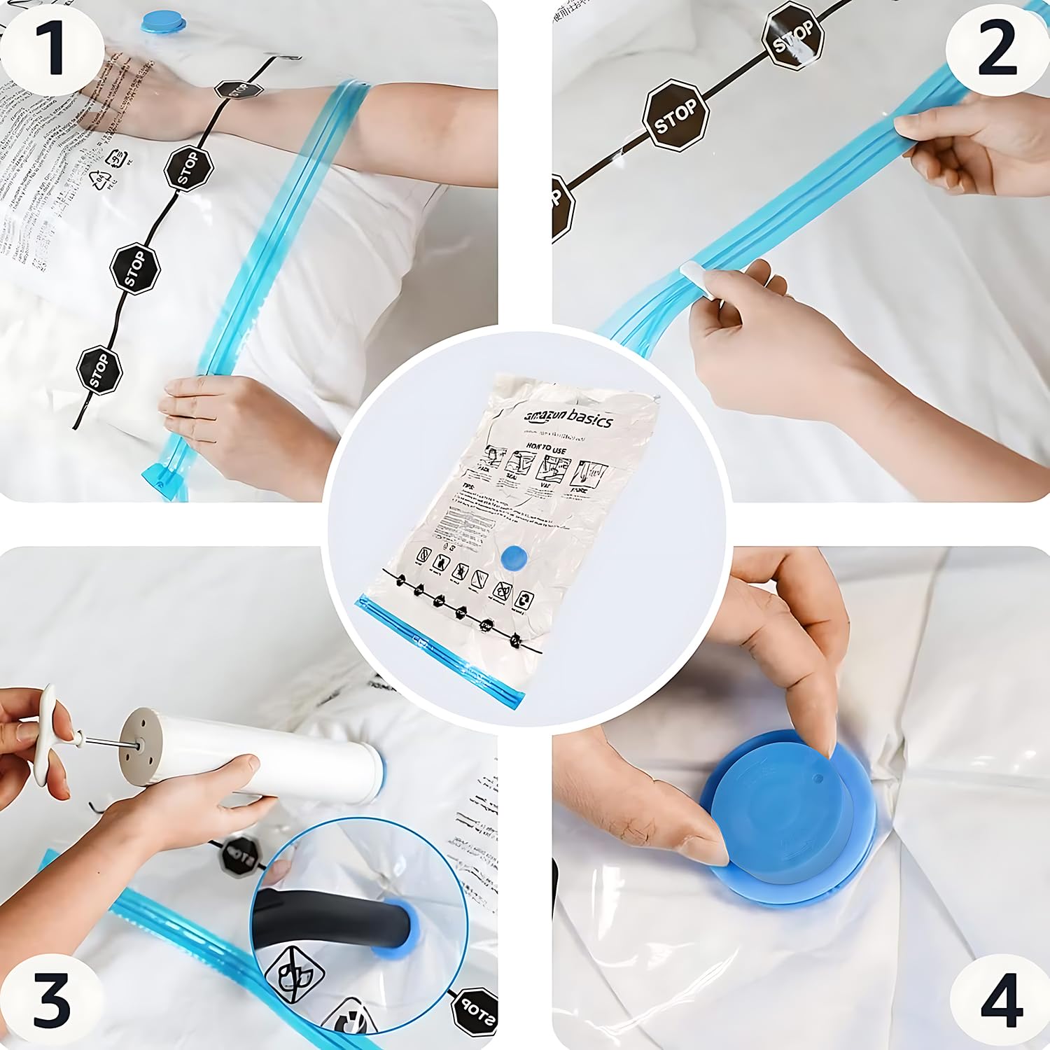 Basic Zipper Vacuum Compression Storage Bag with Manual Pump, Extra Large Size, Set of 4, Clear