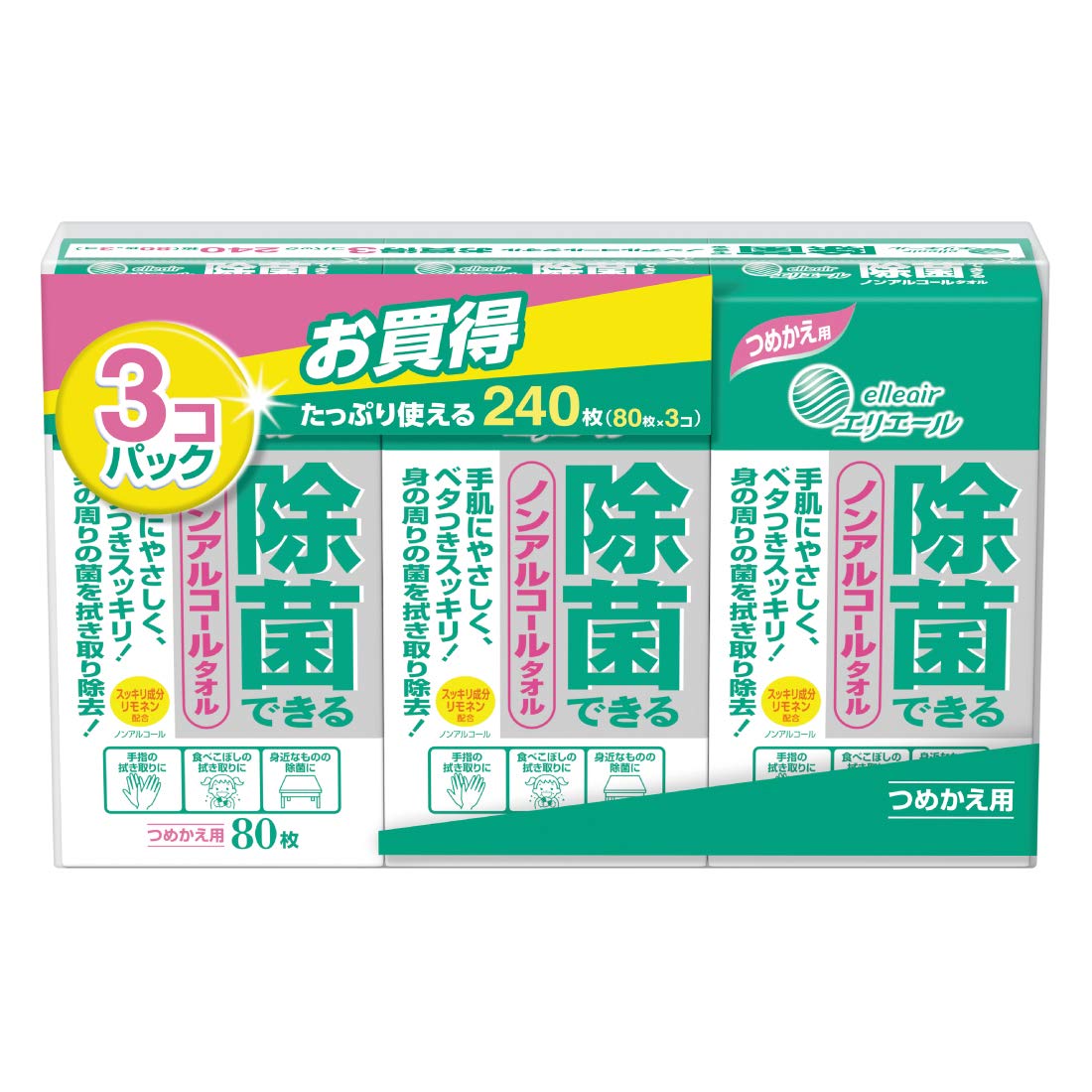 에리에르 웨트 티슈 제균 논알코올 타입 병 리필용 240장(80장×3 팩) 【정리 사】