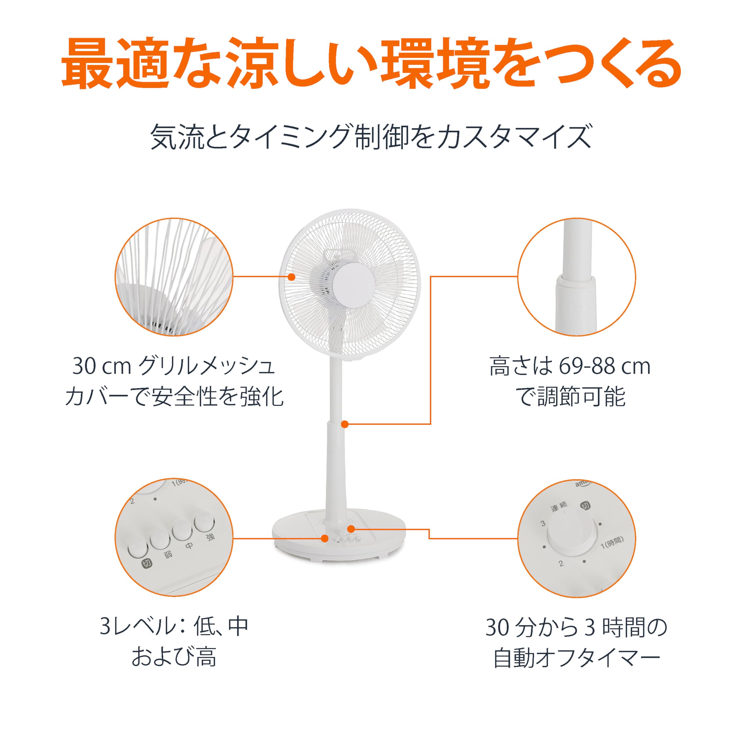 Basic living room fan, oscillating head, with timer function, 3 levels of airflow adjustment, white, blade diameter 30cm