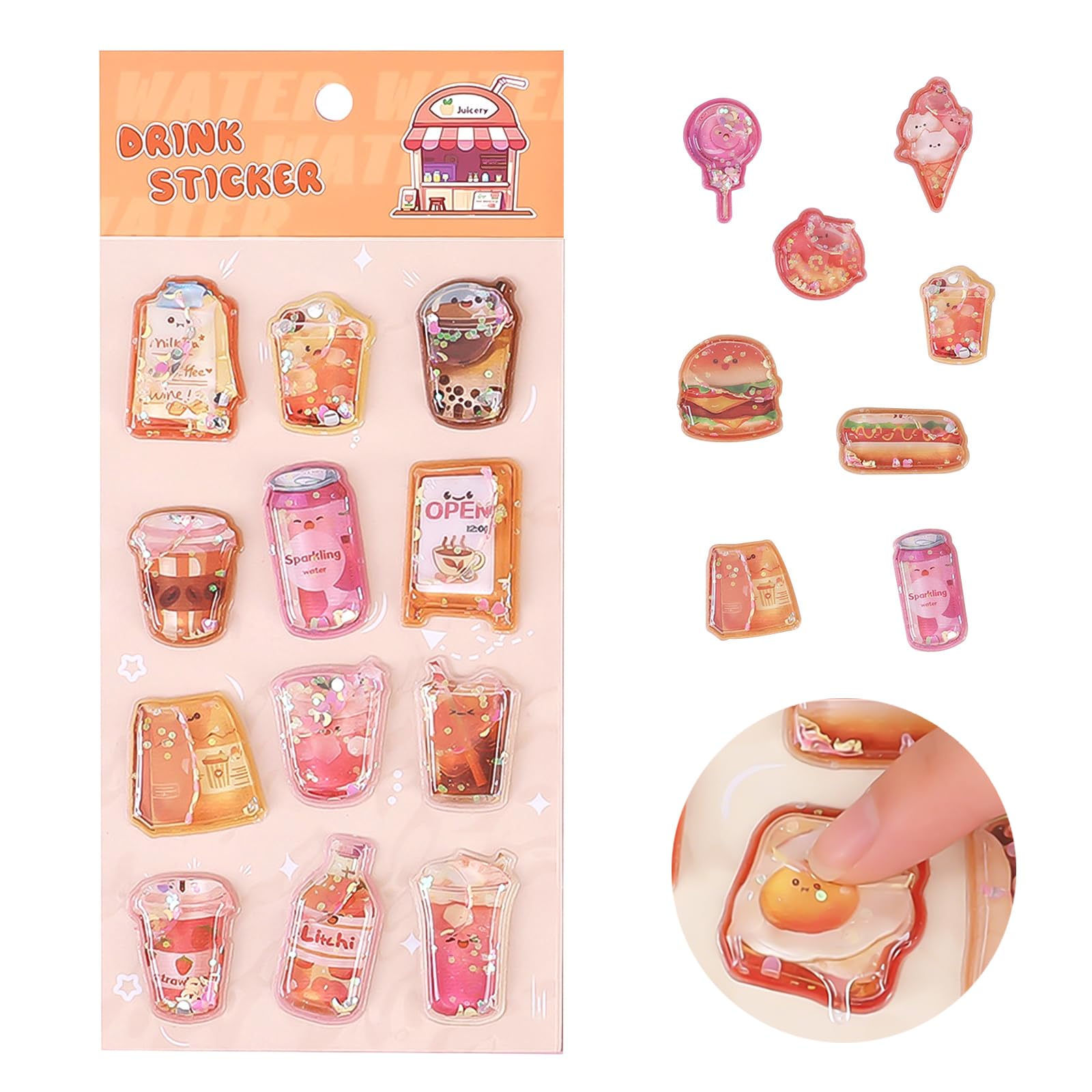 3D Stickers Water Stickers Set of 1 Cute Food Character Puffy Puni Water Touch Diary Scrapbook Decoration Notebook Stationery Gift Wrapping DIY Craft Mobile Phone Decoration Pasteable (03)