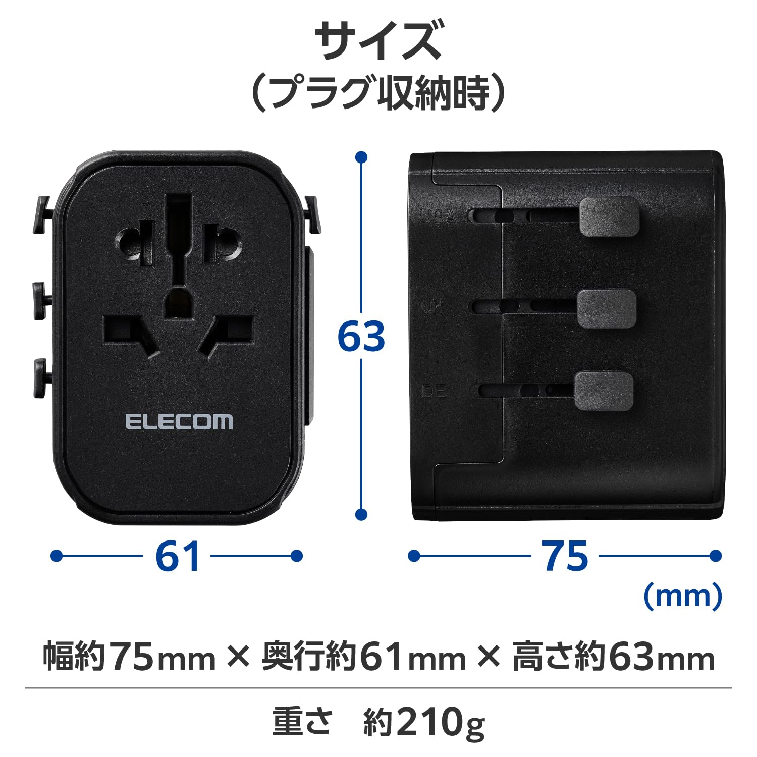 ELECOM Overseas Conversion Plug A/BF/O/C Type USB Type-C x 1 USB-A x 2 15W Polar Compatible (N Pole Compatible) Black T-HPAM-15A2CBK