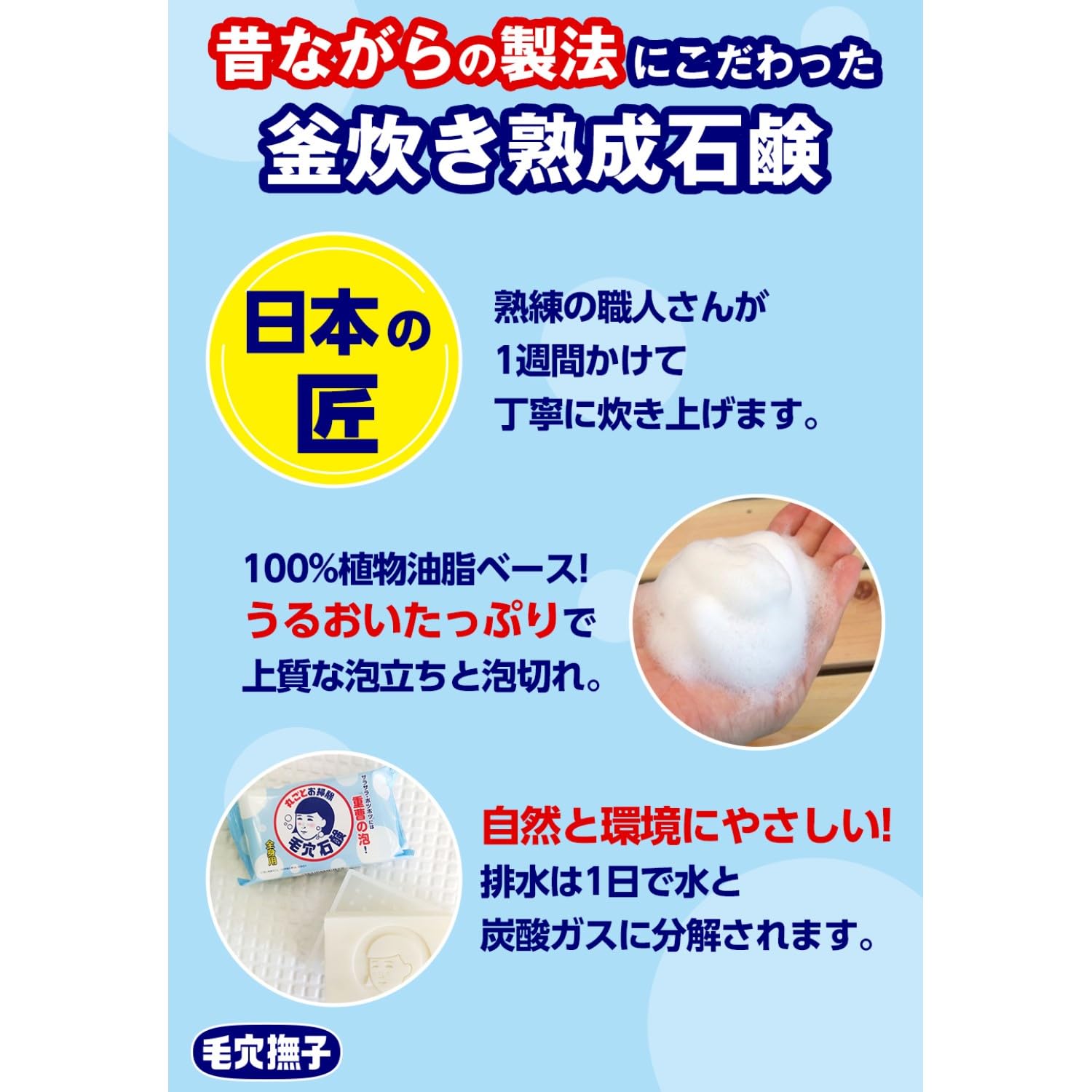 Pore Nadeshiko Baking Soda Smooth Soap, Whole Body, Pores, Sebum, Dead Skin, Additive-Free, Pot Cooked Soap, Standard Weight: 155g