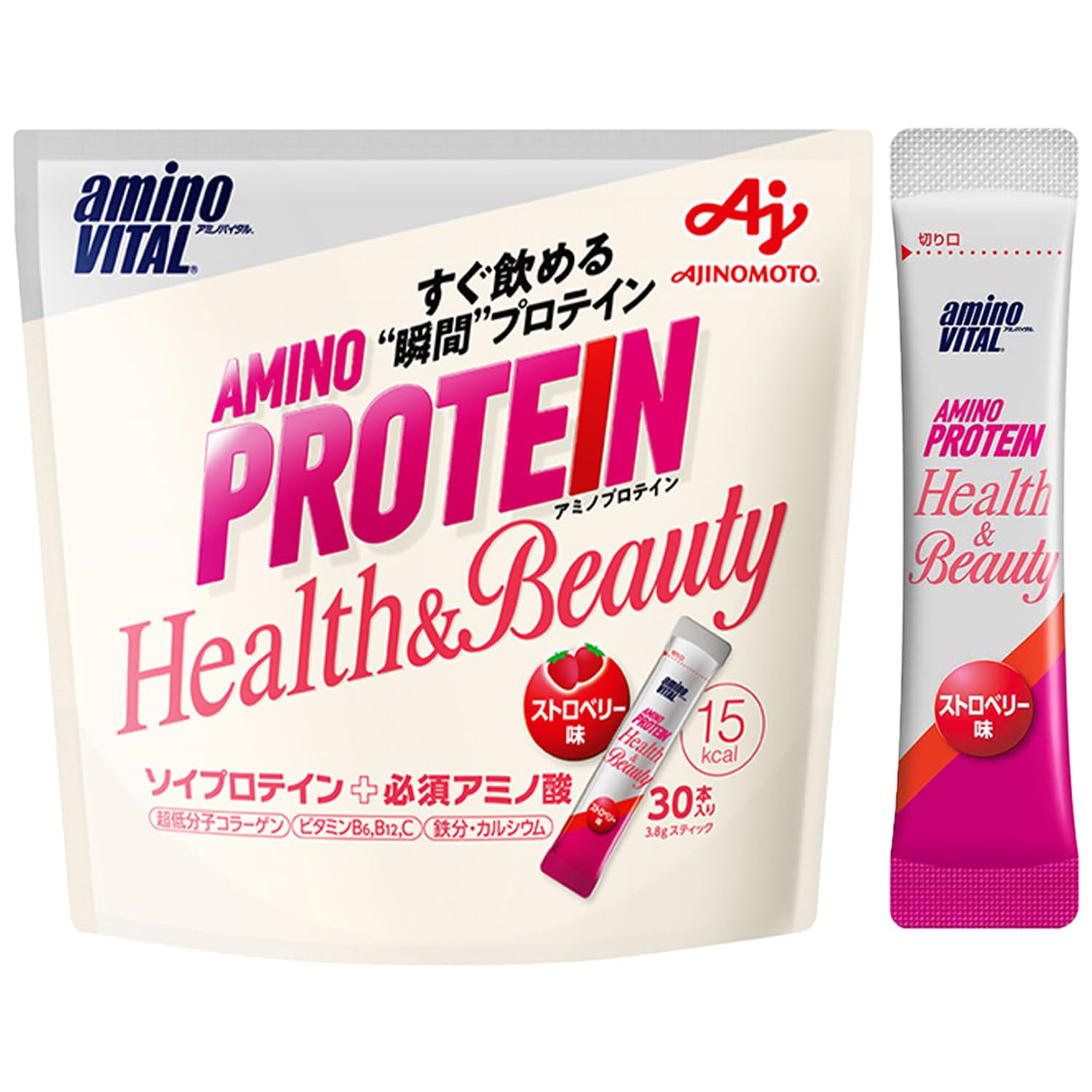 아미노 바이탈 아지노모토 아미노 단백질 for woman 딸기 맛 스틱 30 개 입 파우치 아미노산 BCAA EAA 소이 단백질 콜라겐 다이어트 여성