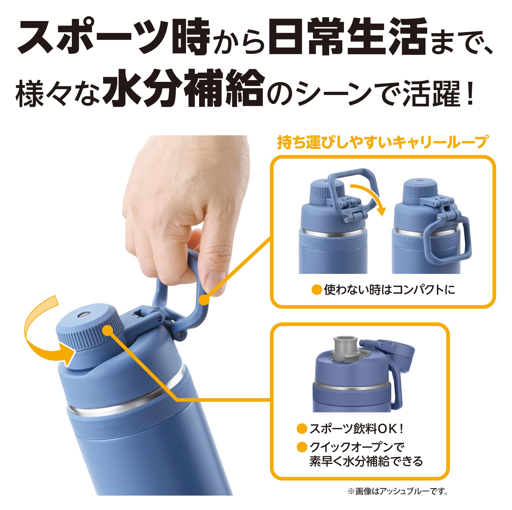 [With handle/dishwasher safe] Thermos water bottle, vacuum insulated sports bottle, 750ml, ash blue, convenient carry loop, direct drinking, removable spout for easy cleaning, cold storage only FJU-750 ASB