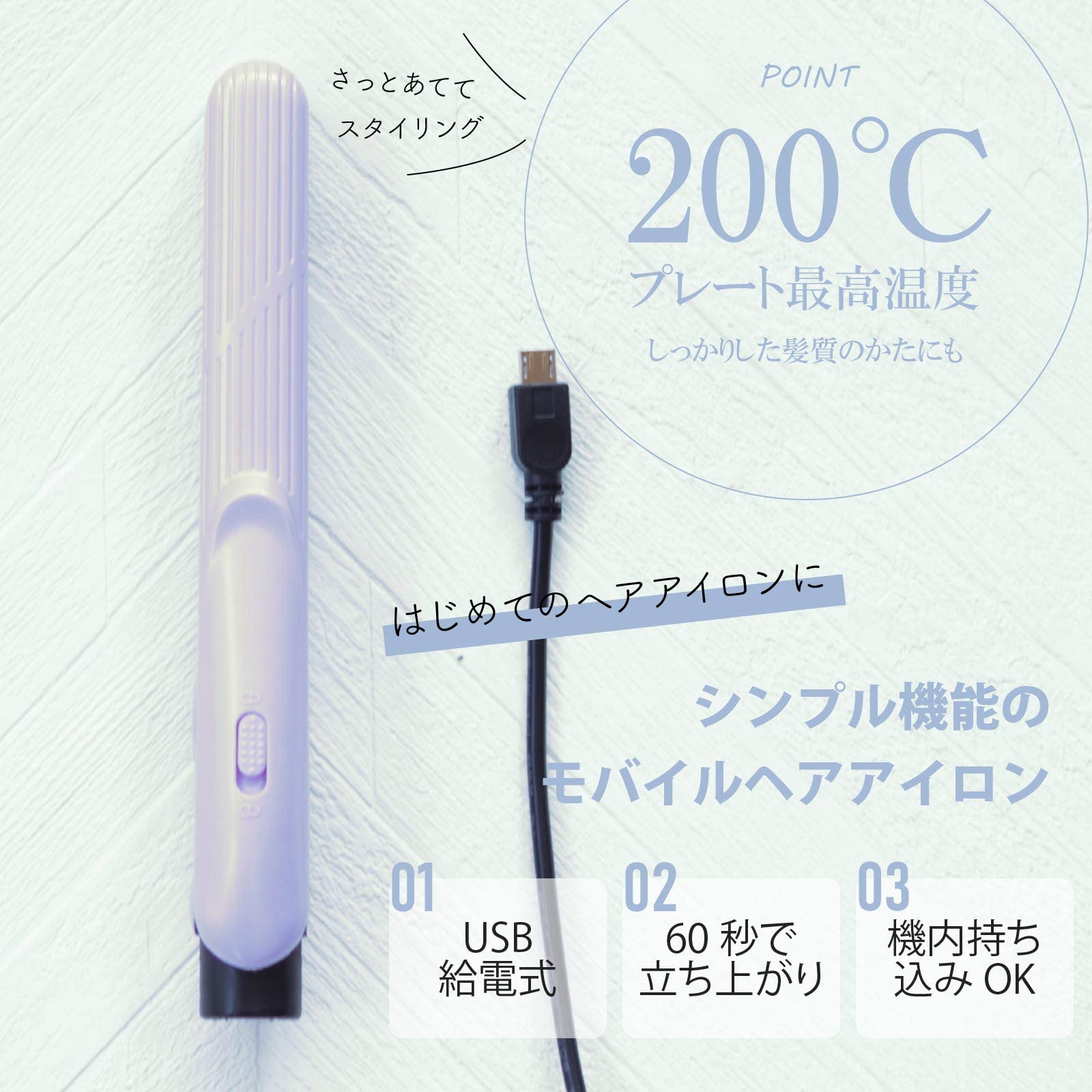 Ohm Electric Iberis Mobile Hair Straight Iron 170x22x30mm Mini USB Powered Compact Portable Violet Purple HB-HIUD-V 00-5691 OHM