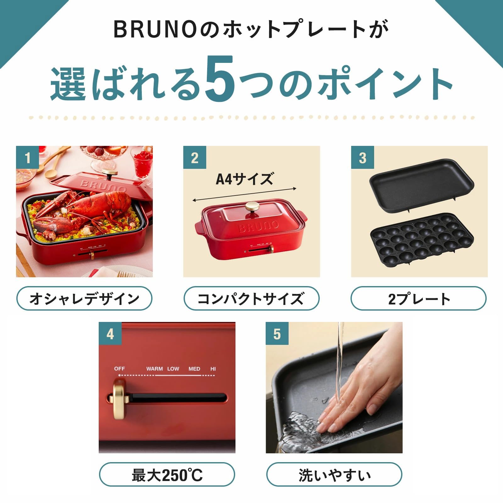 BRUNO Compact Hot Plate White Flat Takoyaki Plate Set BOE021-WH