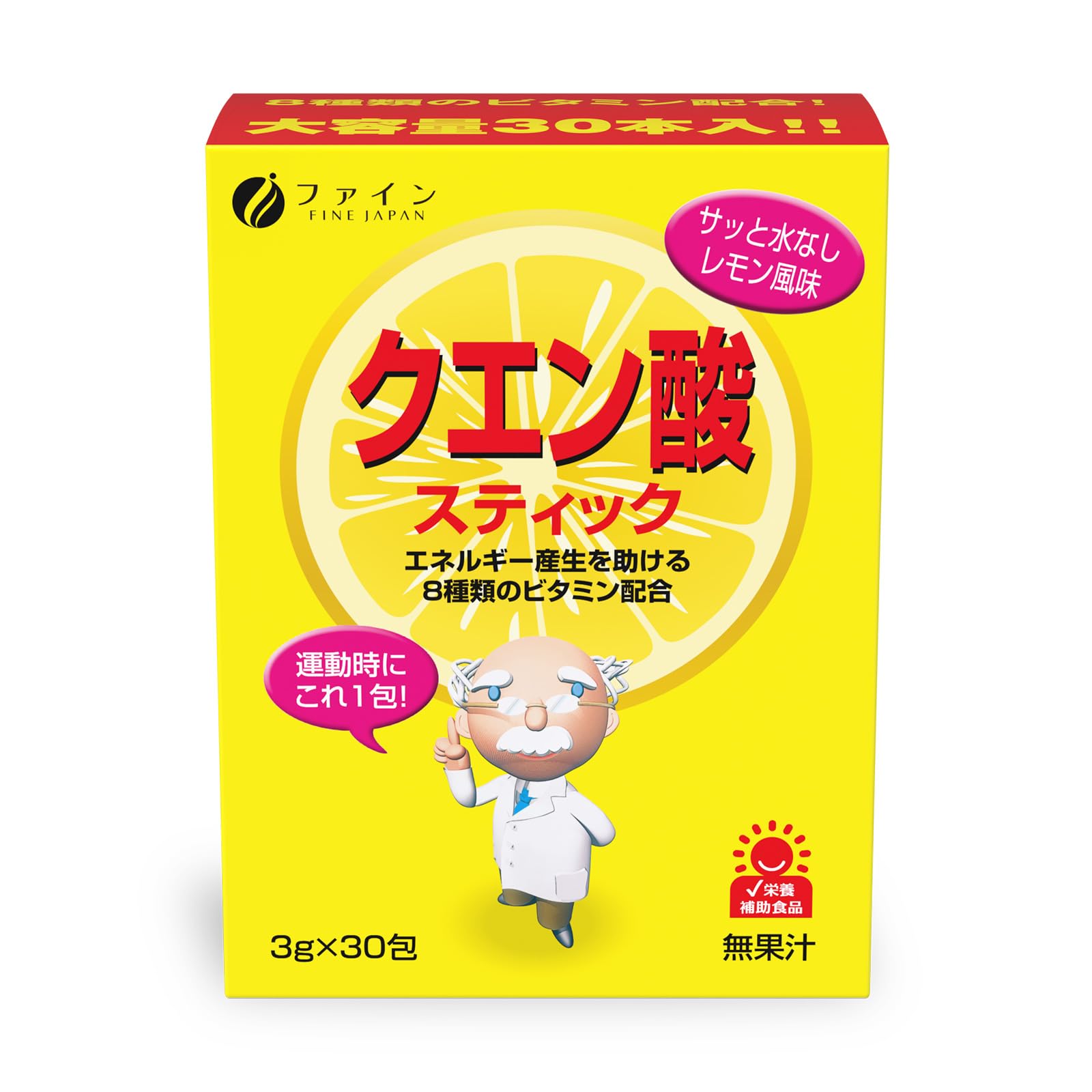 파인(FINE JAPAN) 구연산 스틱 구연산 1,000mg 비타민 B군 니아신 판토텐산 엽산 배합 국내 생산 30일분 (1일 1~2포/30포입) 멀티 비타민 스틱 타입 휴대 휴대