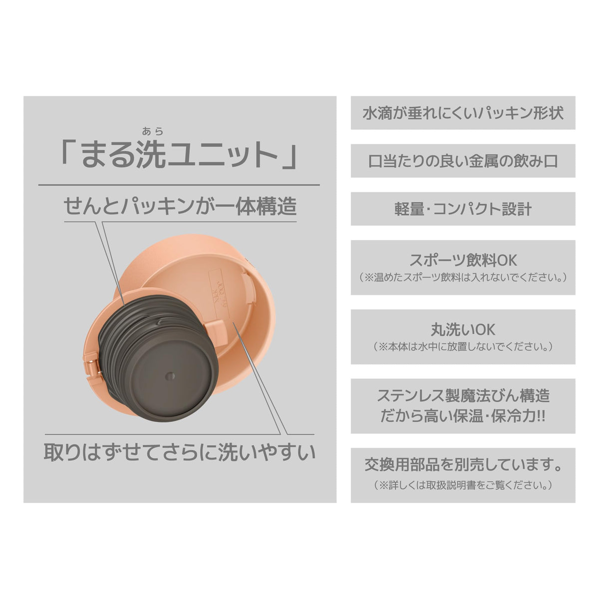 【전과 패킹 일체형·식세기 대응】서모스 수통 진공 단열 휴대용 머그잔 480ml 페일 오렌지 구석구석까지 간단하게 씻을 수 있는 모든 파트 식세기 OK 스테인리스 병 경량 컴팩트 JOQ-480 POR