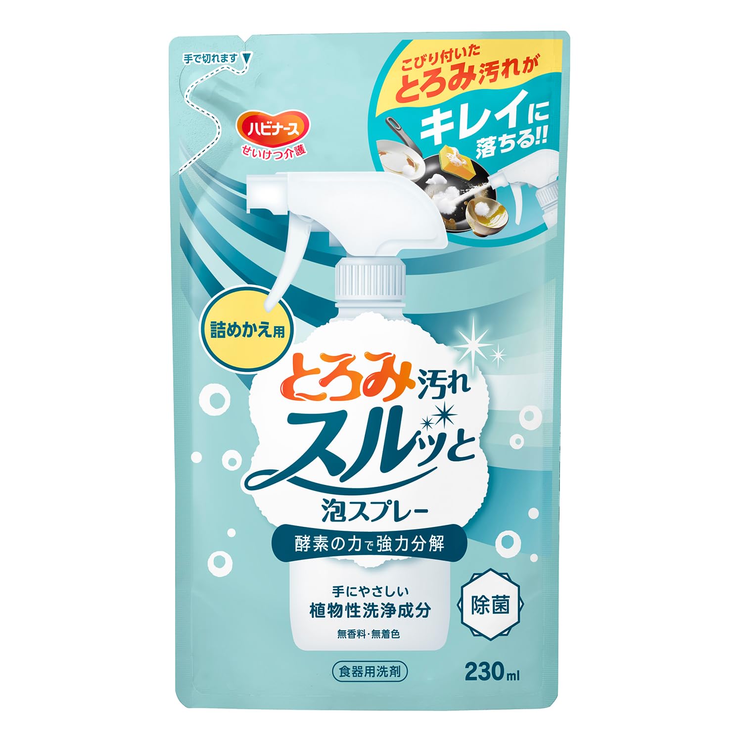 Habinase Dishwashing Detergent, Foam Spray, Thickening Agent, Removes Stains, Dense Foam, Powerful Decomposition, Enzyme Power, Disinfection, Easy on Hands, Refill, 230ml