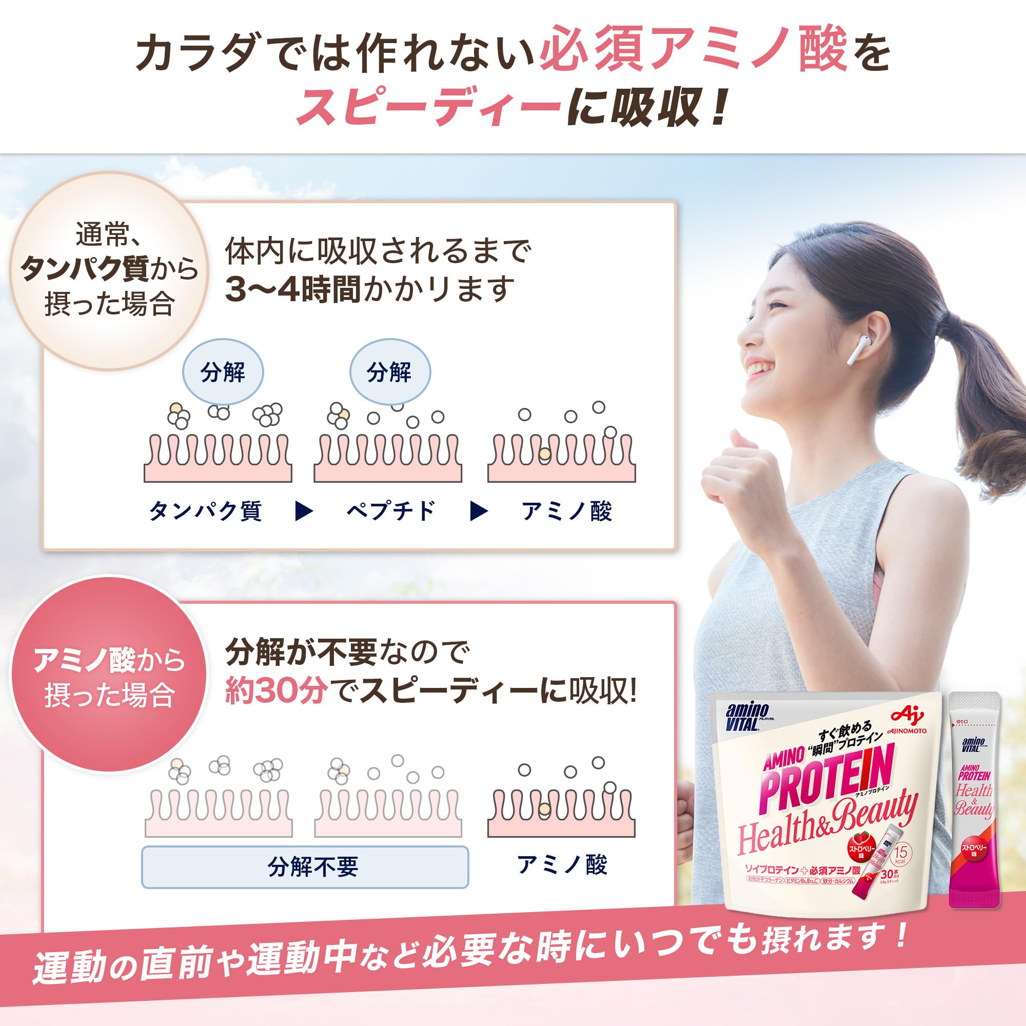 아미노 바이탈 아지노모토 아미노 단백질 for woman 딸기 맛 스틱 30 개 입 파우치 아미노산 BCAA EAA 소이 단백질 콜라겐 다이어트 여성