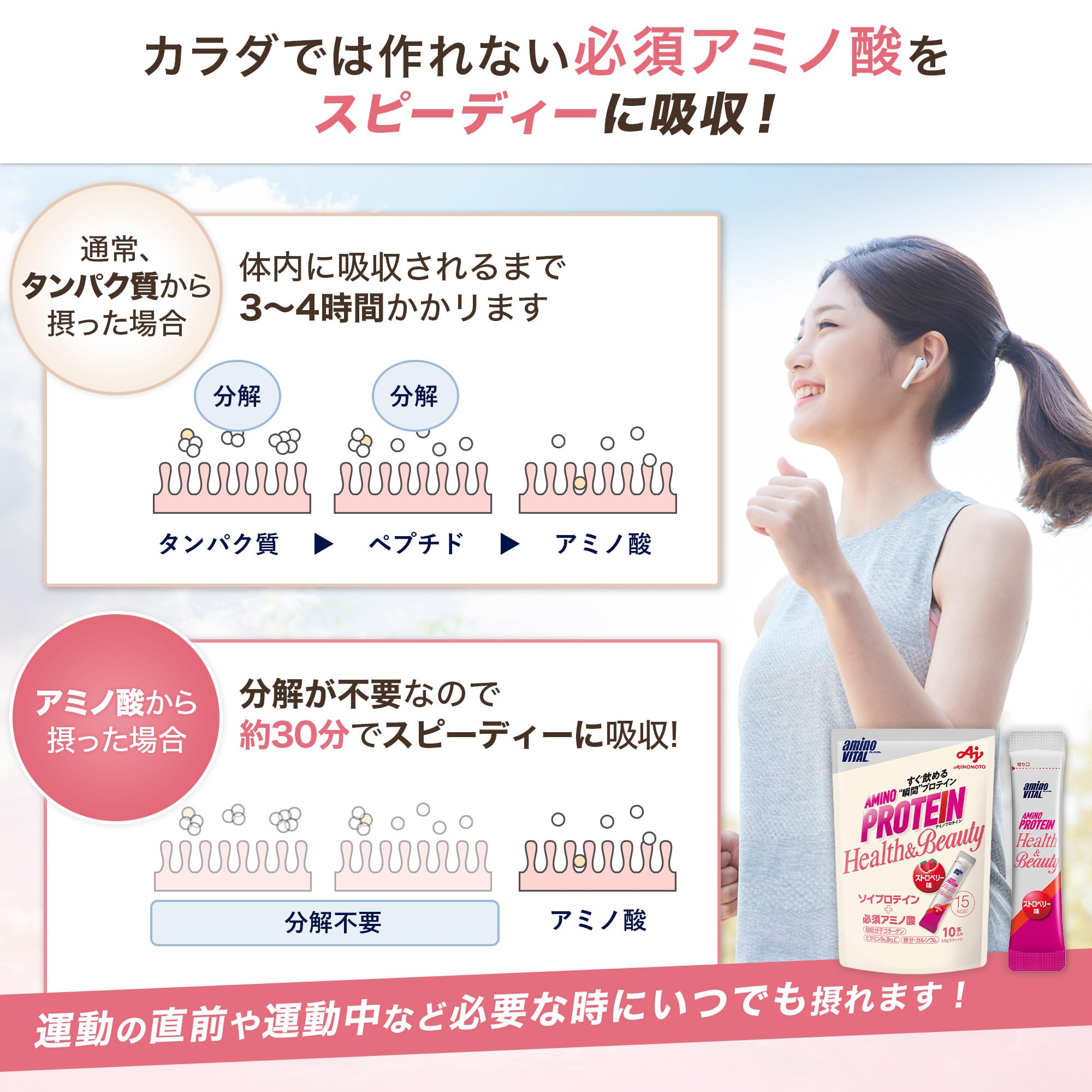 아미노 바이탈 아지노모토 아미노 단백질 for woman 딸기 맛 10 개 입 파우치 아미노산 BCAA EAA 소이 단백질 콜라겐 다이어트 여성