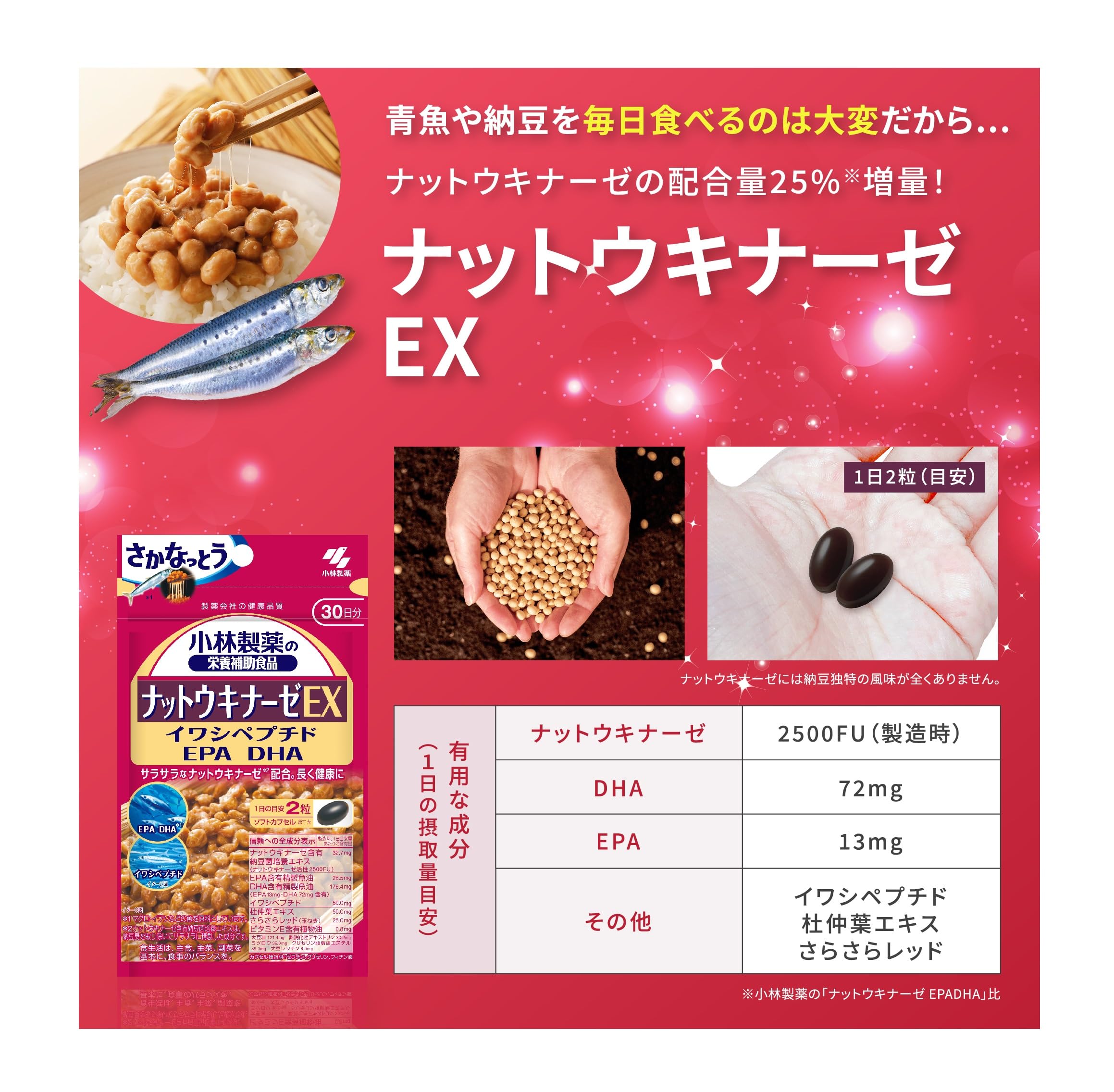 고바야시 제약의 영양 보조 식품 너트 키나아제 EX 사프리【사카나토토! 낫토 키나아제 DHA EPA 보충제】 낫토균 natto nattokinase