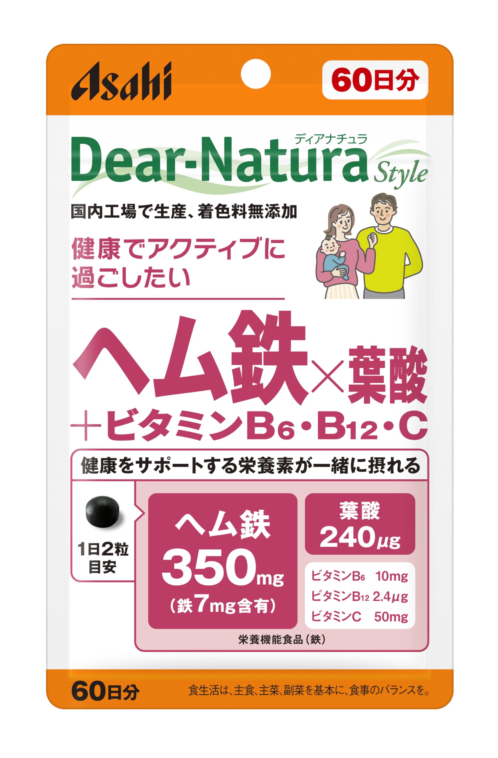디아나츄라 스타일 헴철×엽산 + 비타민 B6・B12・C 120알 (60일분) 아사히 사프리 Dear-Natura 국내 공장에서 생산