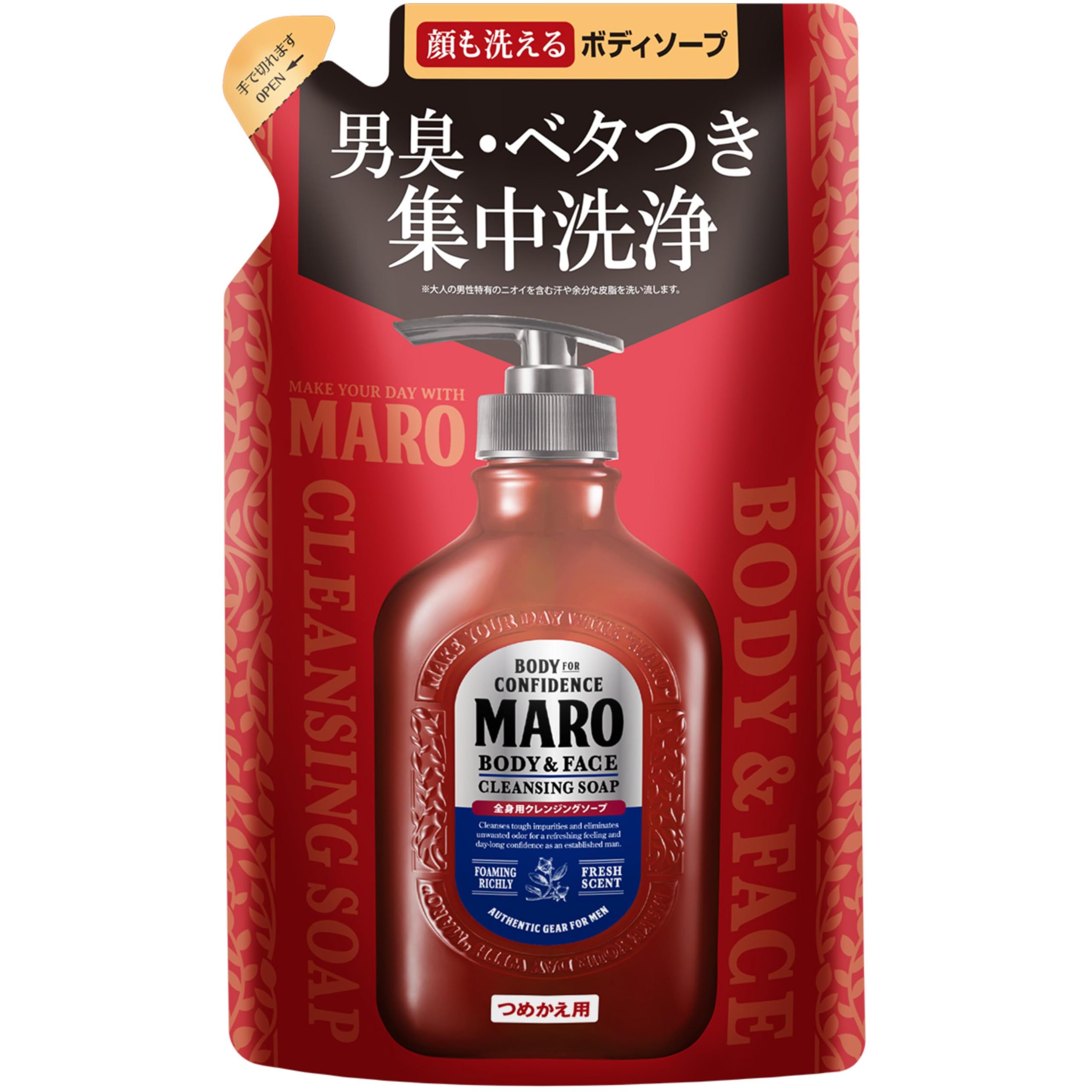 MARO (말로) 바디 비누 맨즈 전신용 얼굴도 씻을 수 있는 리필 380밀리리터 (x 1)