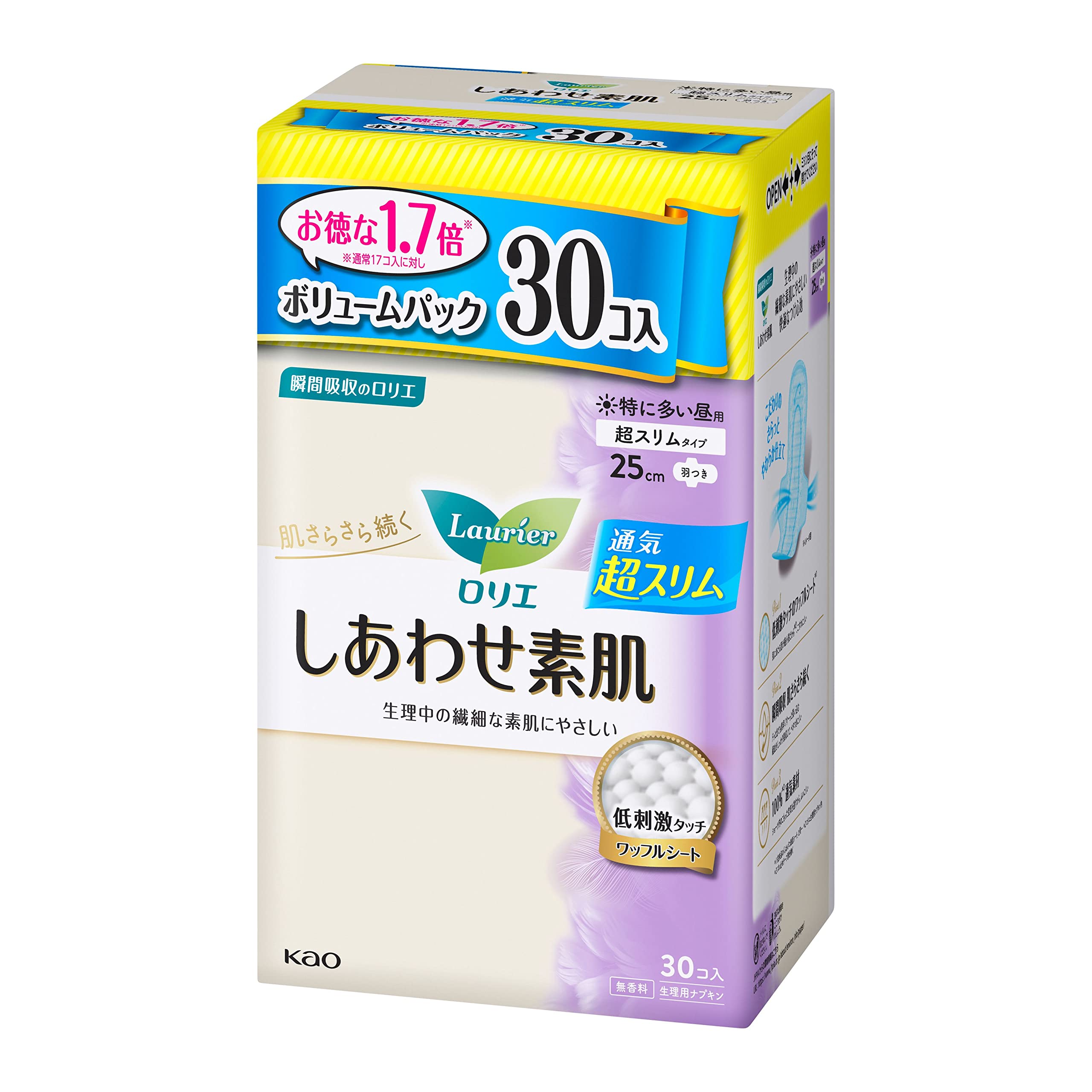 Laurier [Share Pack] Happy bare skin, breathable super slim, especially for daytime use, 25cm, with wings, 30 pieces