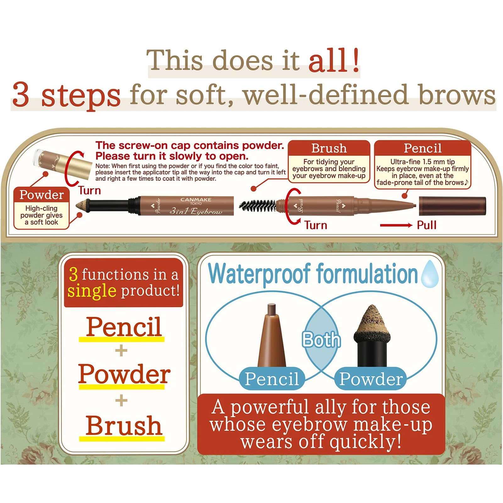 CANMAKE TOKYO 3in1 Eyebrow 02 Ash Brown Pencil Eyebrow Powder Eyebrow with Brush