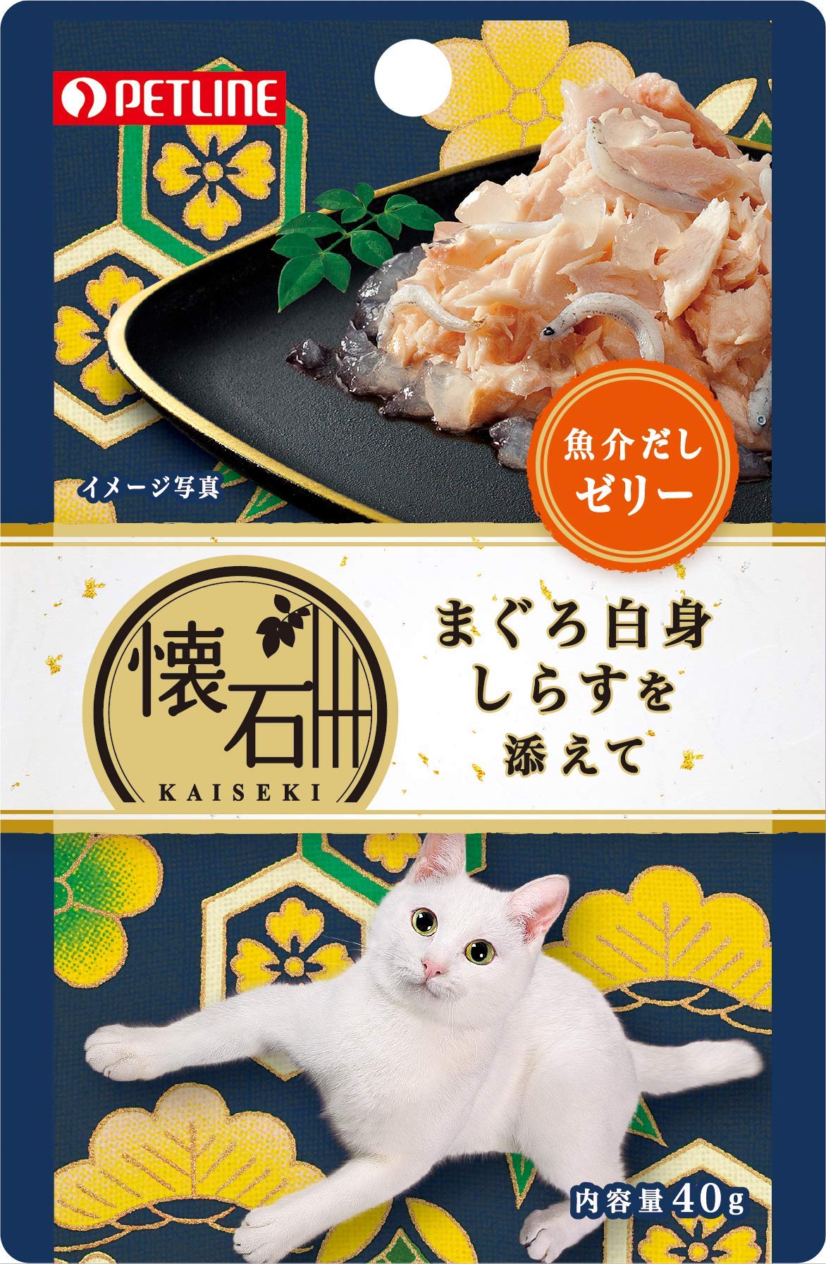 Pet Line อาหารแมวไคเซกิ รีทอร์ท ทูน่า เนื้อขาว โรยหน้าด้วยไวท์เบท ซีฟู้ดเยลลี่ ถุงเปียก 40กรัม x 12 ชิ้น (ซื้อจำนวนมาก)