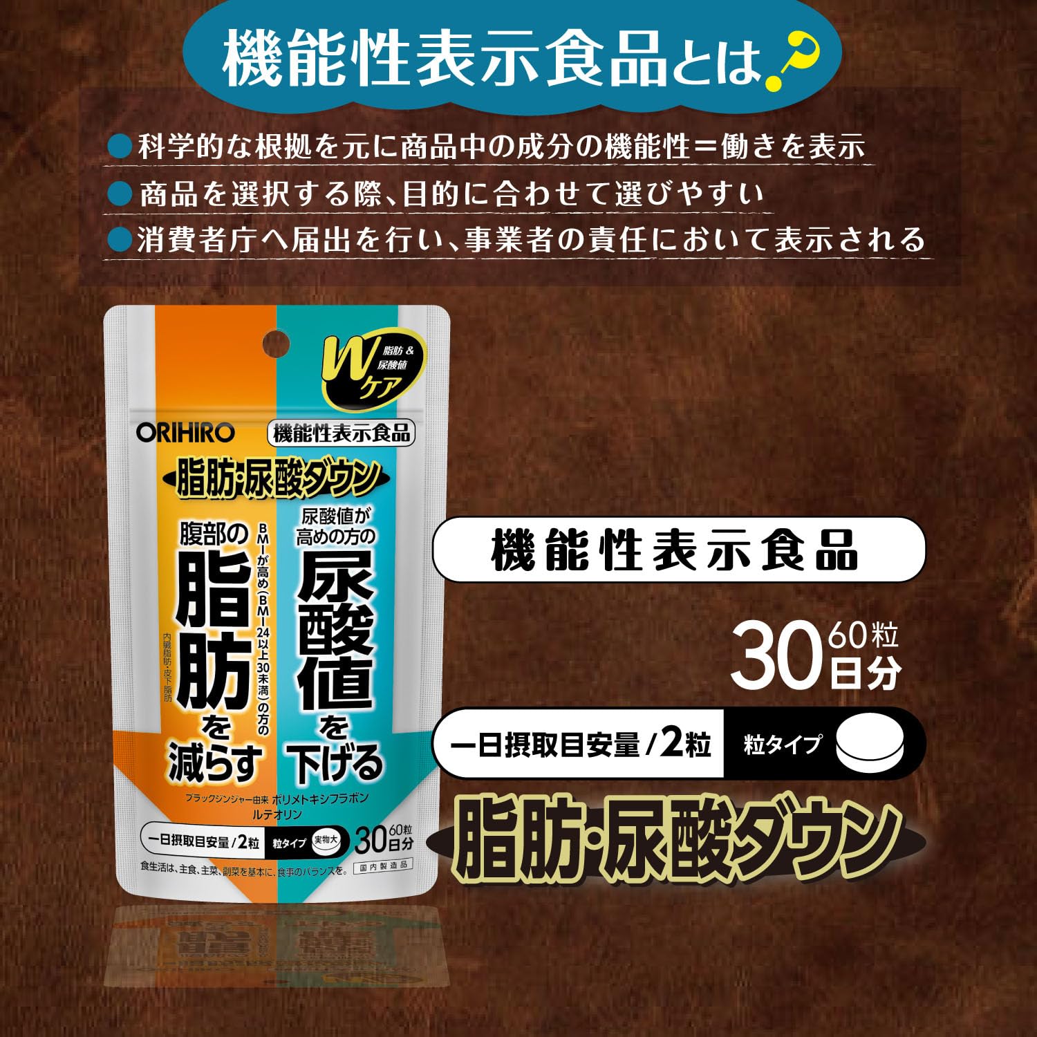 Orihiro Fat/Uric Acid Down 60 viên [Thực phẩm có công dụng] Polymethoxyflavone luteolin có nguồn gốc từ gừng đen