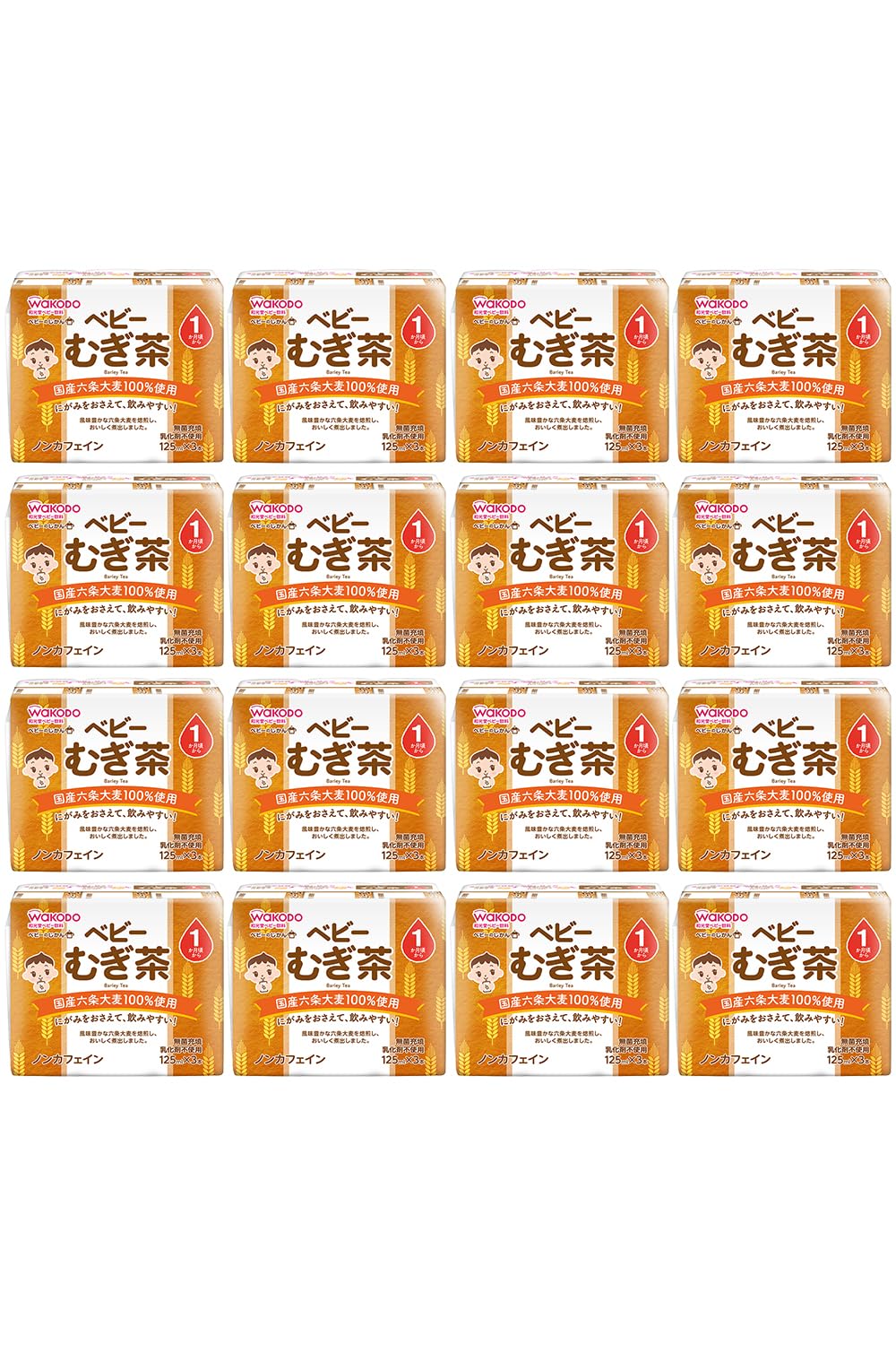 【와코도】 아기의 감귤 무기차 125ml×48개 (125ml×3개 팩×16개) [1개월경부터] 국산 로쿠보 보리 100% 논카페인