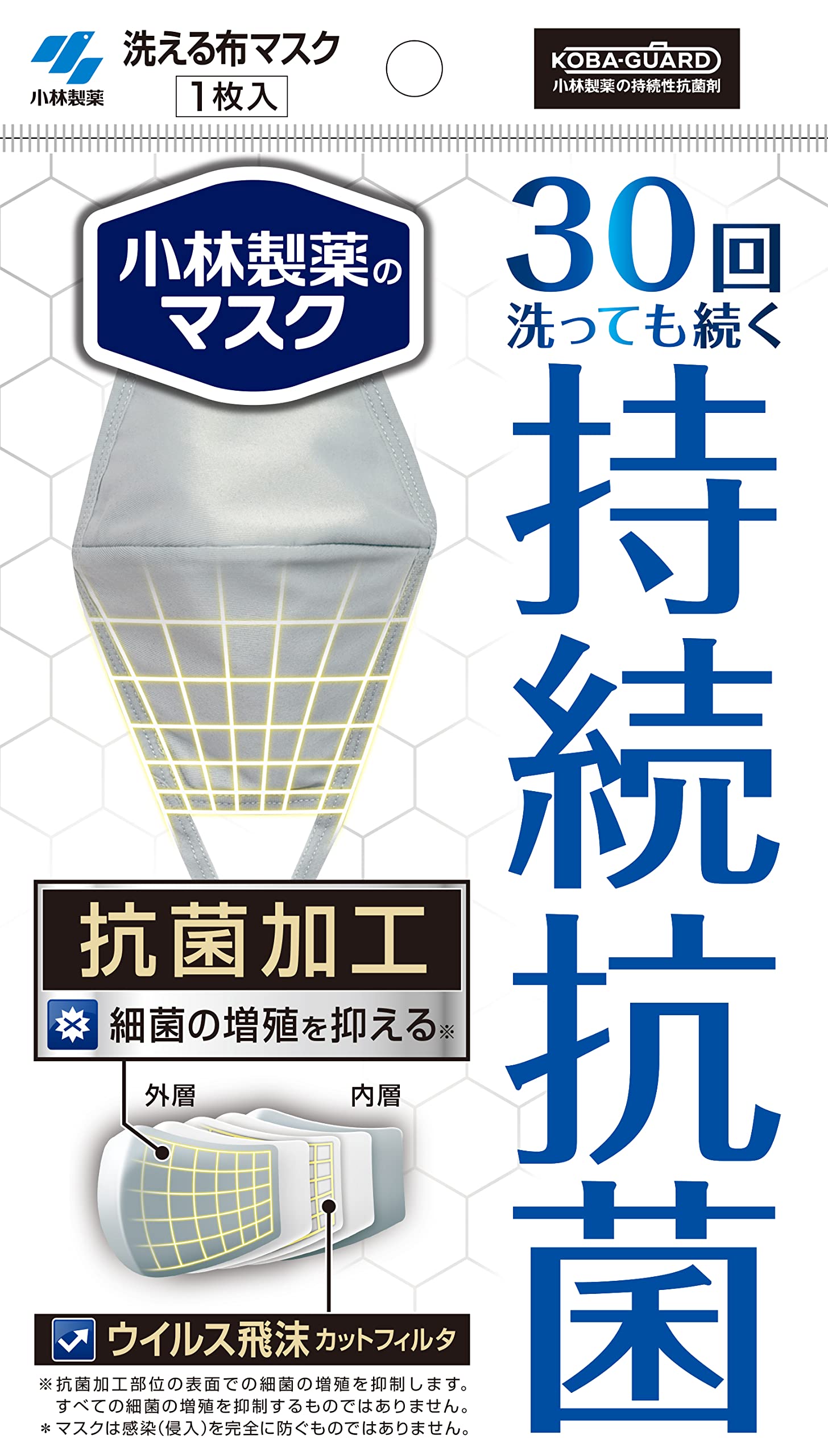 Nodonuru Mask, Kobayashi Pharmaceutical Mask, Continuous Antibacterial, Washable Cloth Mask, Lasts Even After 30 Washes, 1 Piece