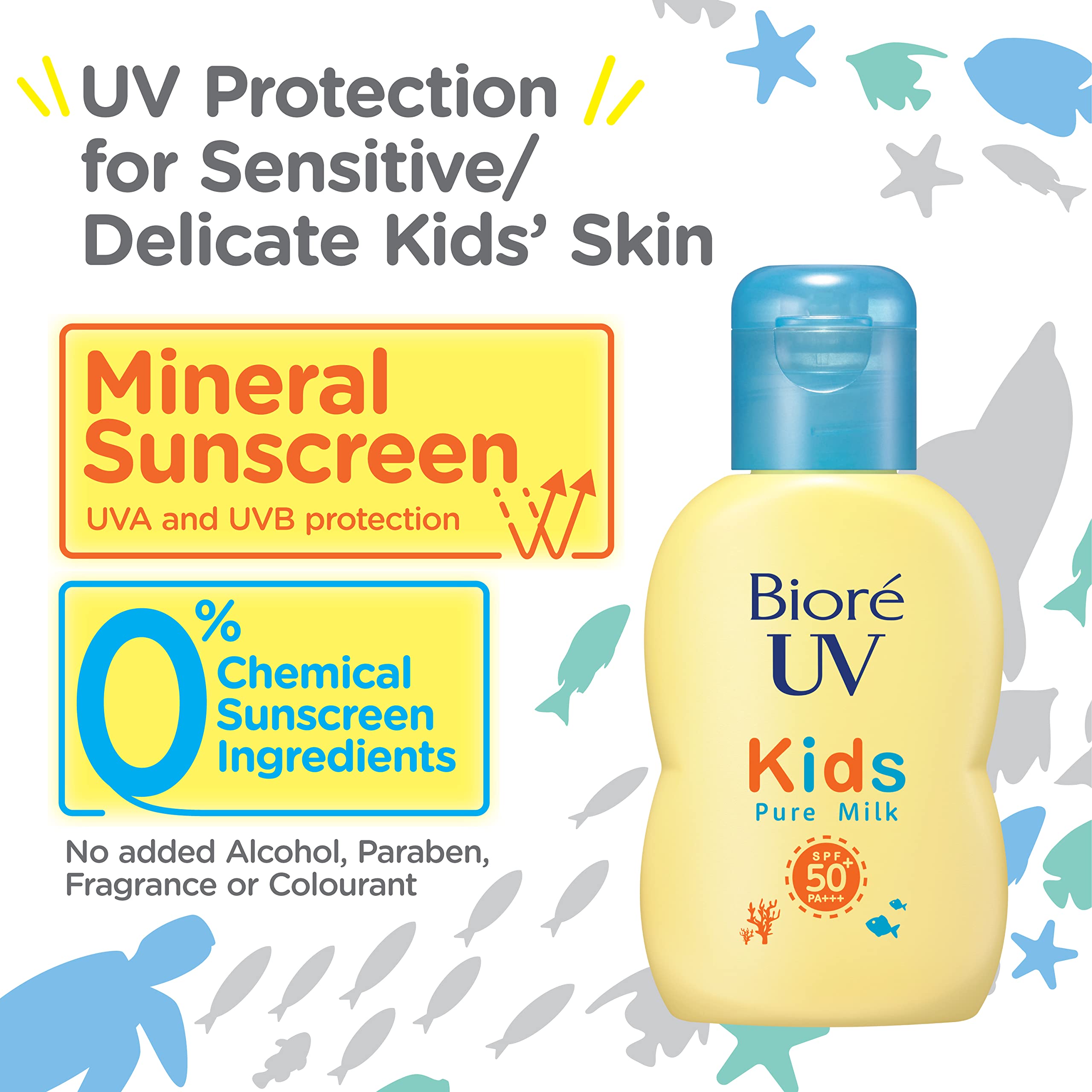 Bioré UV Kids Pure Milk Sunscreen 70ml SPF50 / PA+++ Kids' UV with zero UV absorbers that protects with a mineral barrier Unscented