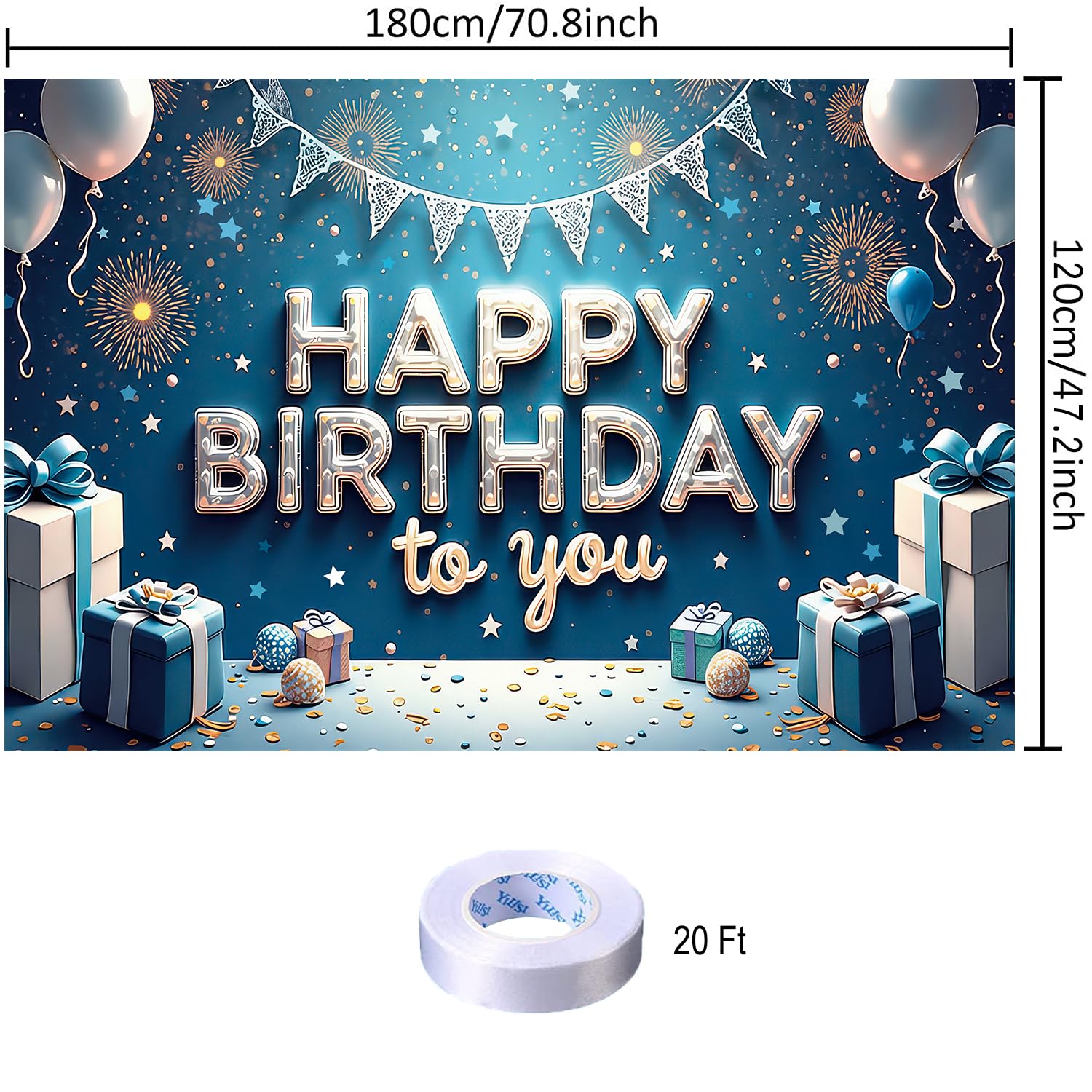3D 블루 & 화이트 생일 태피스트리 입체 블루 & 화이트 장식 태피스트리 세련된 벽걸이 사진 배경 Happy Birthday 파티 포토 포스터 촬영 배경막 180x120cm