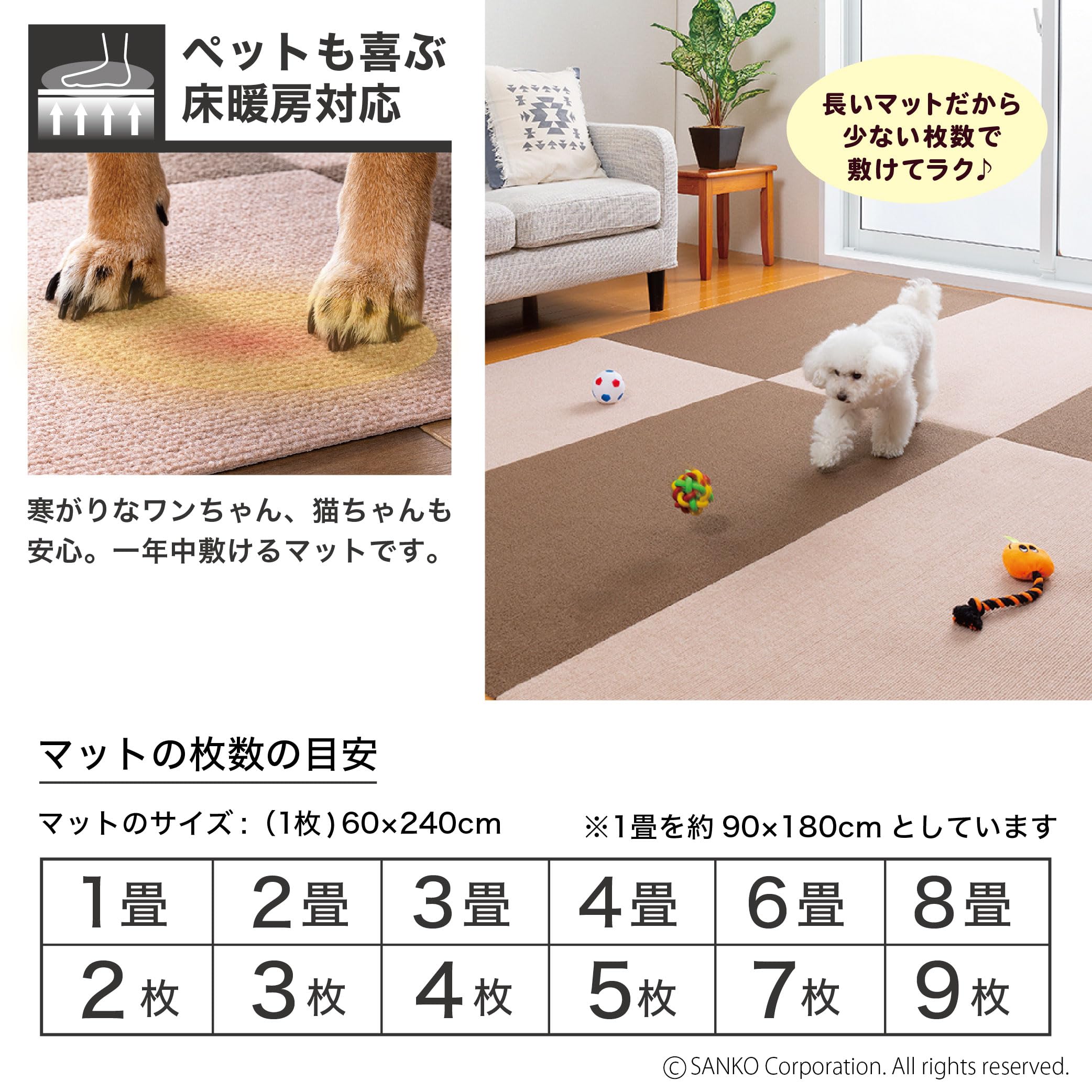 산코 두는 흡착 수의사 추천 애완 동물 용 바닥 보호 매트 60 × 240cm 베이지 BE 롱 매트 얼룩 방지 【일본제 발수 탈취 씻을 수 있는 가위로 컷 가능】 KM-59