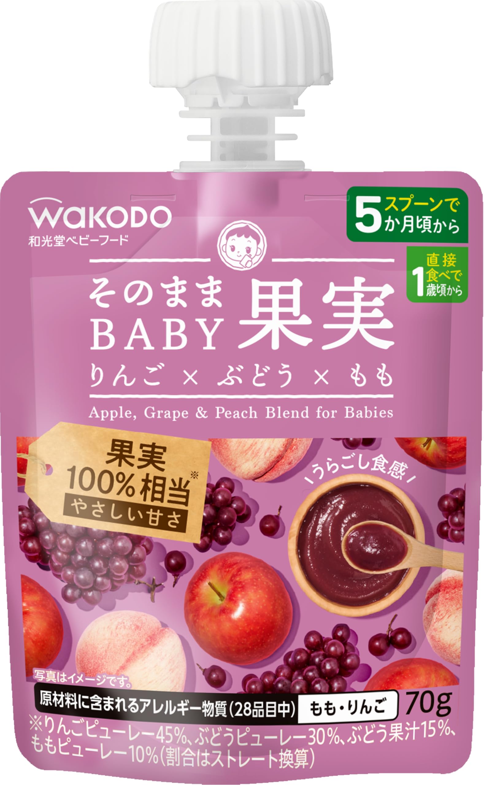 Wakodo As-is BABY Fruit Apple x Grape x Peach 70g [Spoon from 5 months old and as is from 1 year old] 3 types of ingredients Puree Various ways to use