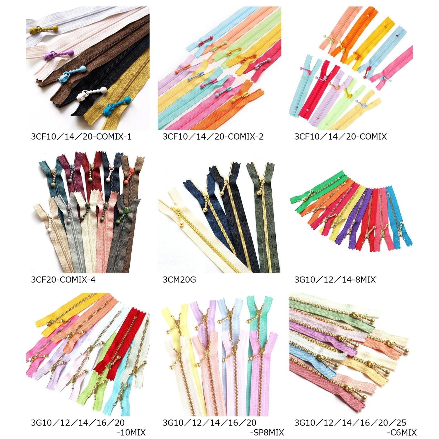 Y.K.K Beaded Zipper Gold MIX 10cm 1 piece each in 10 colors 3G10-10MIX