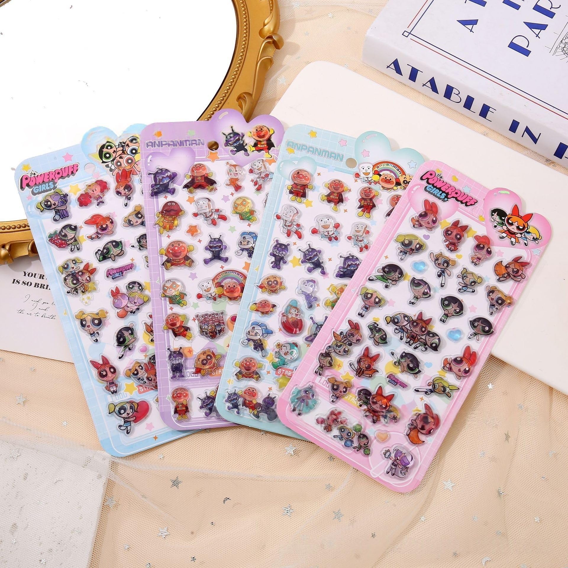Anime 3D Solid 3D Puffy Pocket Anpan Powerpuff Solid 3D Spirit Seal Yokai Sticker Bread Epoxy Resin Pasteable Sticker Cute Pattern For Notebook Diary DIY Craft Material (Set of 4) (Anpanman)